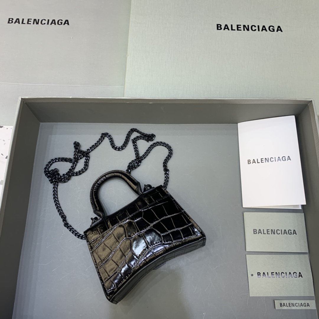 Balenciaga Hourglass Mini Handbag With Chain Crocodile Embossed Shoulder Bag Black